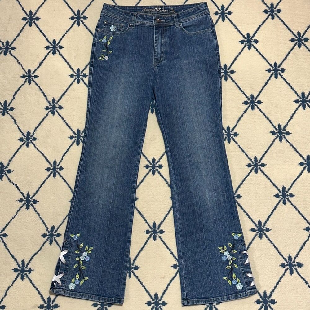 Arizona Jean Co. Vintage Y2K Floral Embroidered Lace Up Flare Denim Jeans